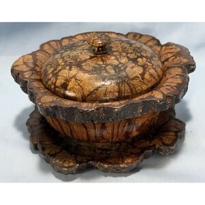 RARE Vintage 7 Piece Chrysanthemum Wood Bowl w/ Lid, Plate‎ and 4 Coasters